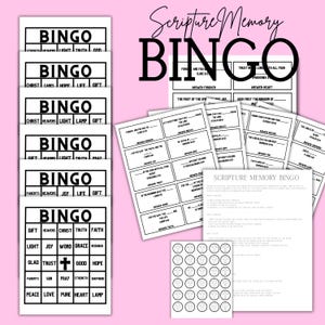 May include: A collection of Scripture Memory Bingo game materials. The set includes bingo cards with words like "light" and "truth", along with calling cards and small circle stickers with cross symbols. The text "Scripture Memory Bingo" is displayed.
