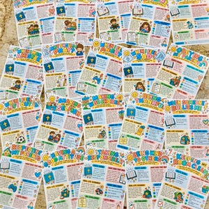 May include: A collection of colorful educational activity sheets for children, each featuring a specific theme like Telling Others About Jesus, When I Feel Angry, and Being Thankful, with illustrated characters, Bible verses, and text.