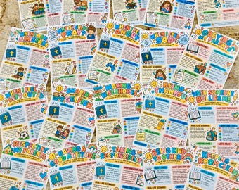 Op de afbeelding: Een verzameling kleurrijke educatieve werkbladen voor kinderen, elk met een specifiek thema zoals praten over Jezus, boosheid of dankbaarheid, voorzien van geïllustreerde figuren, bijbelverzen en bijbehorende tekst.