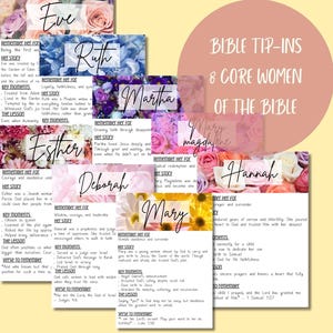 May include: A collection of eight Bible tip-in cards featuring floral backgrounds and names including Eve, Ruth, Martha, Mary Magdalene, Esther, Deborah, Hannah, and Mary. Each card contains text sections titled Remember Her For, Her Story, Key Moments, The Lesson, and Verse to Remember.