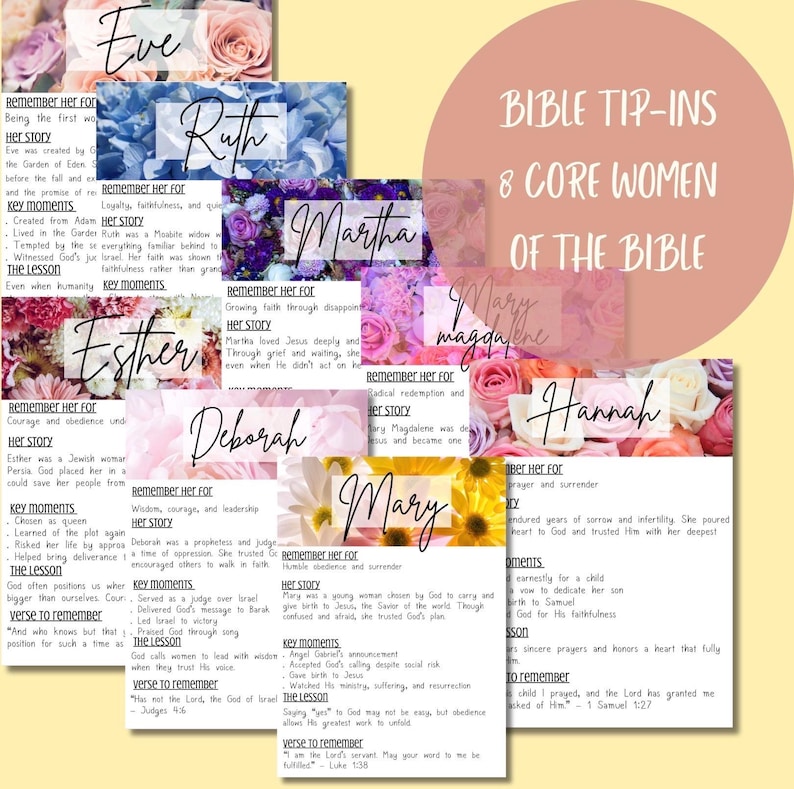 May include: A collection of eight Bible tip-in cards featuring floral backgrounds and names including Eve, Ruth, Martha, Mary Magdalene, Esther, Deborah, Hannah, and Mary. Each card contains text sections titled Remember Her For, Her Story, Key Moments, The Lesson, and Verse to Remember.