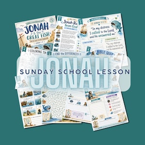 Può includere: Una raccolta di fogli di attività stampati per una lezione di scuola domenicale su Giona e il grande pesce. Le pagine presentano illustrazioni di una nave, una balena e Giona, insieme a testo che include versetti biblici, giochi e quiz.