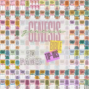 May include: A collage of 50 pages of Bible tip-ins, with the text "Genesis" and "Bible Tip-Ins" in the center. The pages are in various colors and designs, with text and blank spaces for notes. The overall theme is religious study.