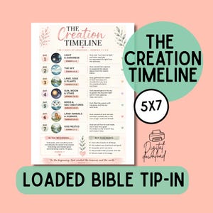 May include: A printed chart titled The Creation Timeline detailing the seven days of creation from Genesis 1:1-2:3. The document features circular illustrations for each day, descriptive text, key takeaways, and a verse at the bottom on a light background.