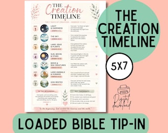 Op de afbeelding: Een gedrukte kaart getiteld The Creation Timeline met de zeven scheppingsdagen uit Genesis 1:1-2:3. Het document bevat ronde illustraties voor elke dag, beschrijvende tekst, kernpunten en een vers onderaan op een lichte achtergrond.