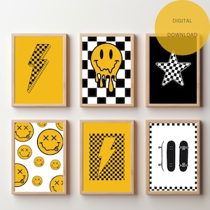 Boys Room Wall Poster Art Checkered Smiley Skater Wall Art Kids Bedroom Decor Trendy Posters For Boys Room Checkered Print Smiley Face Punk