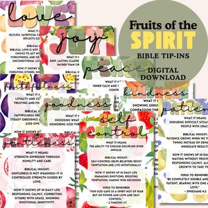 May include: A collection of digital Bible tip-ins titled Fruits of the Spirit, featuring watercolor illustrations of various fruits. Each card displays a specific virtue like love, joy, peace, kindness, and self-control with descriptive text.