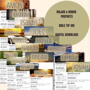 May include: A collection of digital Bible tip-ins featuring the Major and Minor Prophets. Each card displays a prophet's name, such as Amos, Jeremiah, Isaiah, and Jonah, overlaid on nature photography with text summaries of key events and messages.