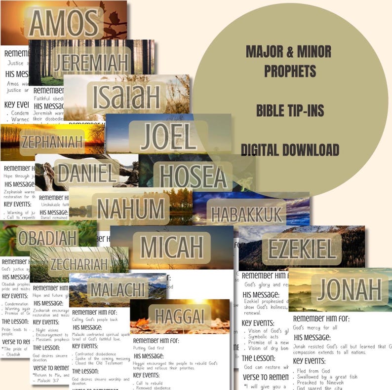 May include: A collection of digital Bible tip-ins featuring the Major and Minor Prophets. Each card displays a prophet's name, such as Amos, Jeremiah, Isaiah, and Jonah, overlaid on nature photography with text summaries of key events and messages.