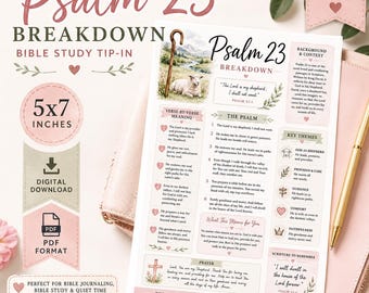Op de afbeelding: Een 5x7 inch digitale download voor bijbelstudie met een analyse van Psalm 23. Het document bevat een illustratie van een schaap, vers-voor-vers uitleg, kernthema's, een gebed en een tekst om te onthouden, in zachte roze en groene tinten.