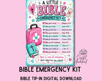 Op de afbeelding: Een digitale print getiteld A LITTLE BIBLE EMERGENCY KIT met een roze medische koffer, een turquoise Bijbel en een lijst met emotionele toestanden gekoppeld aan Bijbelverzen. Het ontwerp bevat hartjes, sterren en een pleister, met de tekst Open in case of emergency. God's Word has you covered.