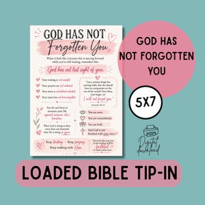May include: A rectangular printable wall art piece featuring the text God Has Not Forgotten You in black and pink script. The design includes inspirational quotes, small heart icons, floral illustrations, and a cross symbol on a cream background.