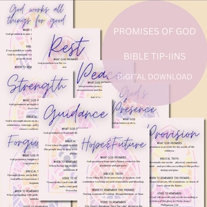 May include: A collection of digital download Bible tip-ins titled Promises of God, featuring purple script headings like Rest, Strength, Guidance, and Hope & Future. Each card includes sections for What God Promises, Biblical Truth, and a Verse to Remember.