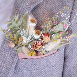 Rose + Ochre Pocket Boutonniere |  stylish suit pocket square dried flowers | Everlasting boutonniere for Groom, Prom Date, Dad