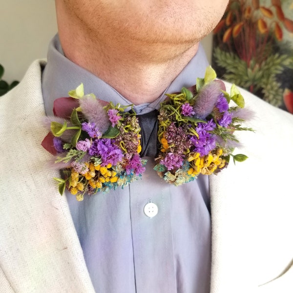 Dried Flower Bow Tie | Jewel-Tones: Purple, Emerald, Teal, Ochre | Bow Tie for Dance, Wedding, Prom, LGBTQ+ Pride