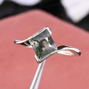 Moss Agate Engagement Ring: Sterling Silver Twisted Band, Boho Promise Ring