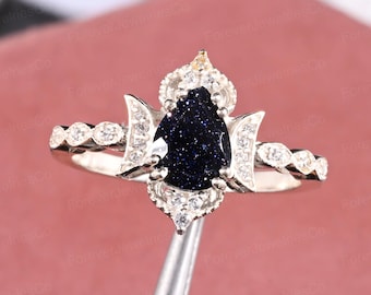 Blue Sandstone Ring: Sterling Silver CZ Halo, Celestial Engagement Jewelry