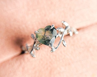 Twig Heart Moss Agate Engagement Ring: Sterling Silver Leaf Solitaire