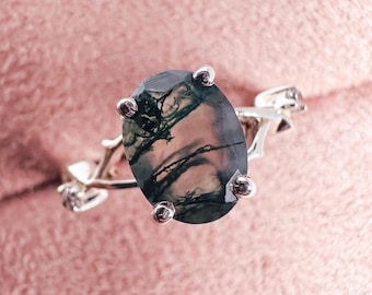 Moss Agate Engagement Ring: Vintage Branch Sterling Silver Leaf Ring