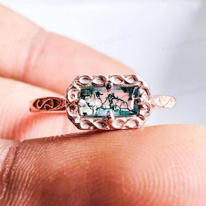 Anillo de boda de ágata musgosa natural, anillo de promesa, estilo art déco, corte baguette único, ágata verde, regalo de aniversario, anillo delicado, anillo minimalista.