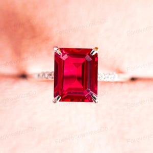 Vintage Emerald Cut Pink Ruby Ring: Sterling Silver Promise Ring