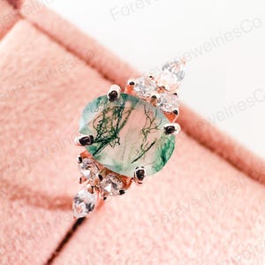 Oval Moss Agate Engagement Ring: Rose Gold Art Deco Bridal Jewelry