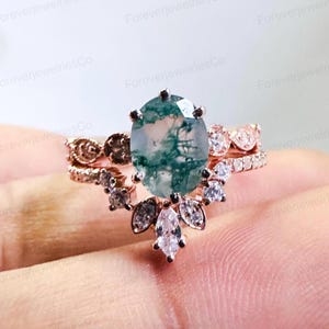 Moss Agate Engagement Ring Set: Rose Gold Art Deco Zirconia Jewelry