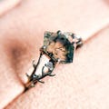 Hexagon Moss Agate Ring: Vintage Twig Sterling Silver Wedding Band