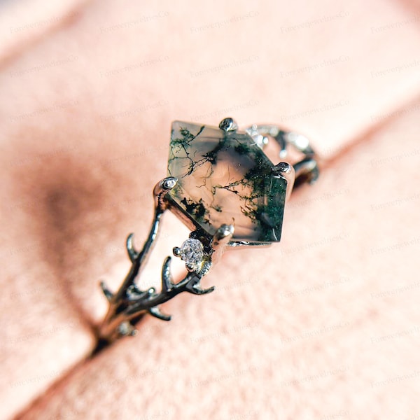 Anillo de ágata musgosa hexagonal: alianza vintage de plata de ley con forma de ramita