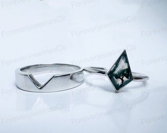 Natürliche grüne Moos Achat Verlobungsring Set Solitär Ring, Kite Cut Ring Geburtstagsring, 925 Sterling Silber, Mai Birthstone Ring für Sie