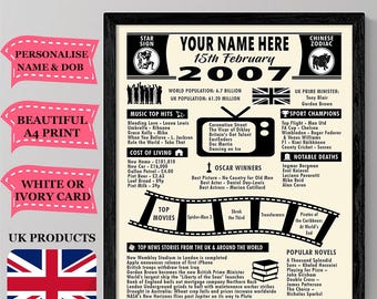 2007 Birthday Facts Poster: Personalized A4 Print | Custom Year You Were Born Gift | Milestone Birthday Present