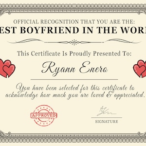 Personalized 'Best Boyfriend in the World' Certificate (A4/A5 Print) | Sentimental Keepsake Gift | Ideal Birthday, Christmas Present image 2