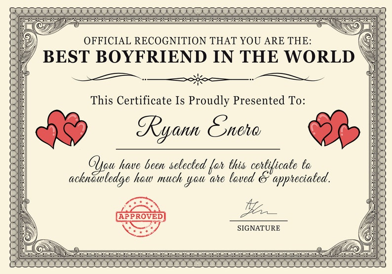 Personalized 'Best Boyfriend in the World' Certificate (A4/A5 Print) | Sentimental Keepsake Gift | Ideal Birthday, Christmas Present image 2