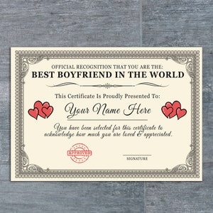 Personalized 'Best Boyfriend in the World' Certificate (A4/A5 Print) | Sentimental Keepsake Gift | Ideal Birthday, Christmas Present image 3