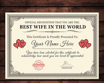 Personalized 'Best Wife in the World' Certificate (A4/A5 Print) | Sentimental Keepsake Gift | Ideal Birthday, Christmas, Valentines Present