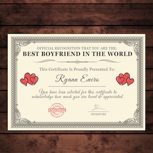 Personalized 'Best Boyfriend in the World' Certificate (A4/A5 Print) | Sentimental Keepsake Gift | Ideal Birthday, Christmas Present image 1