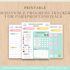 May include: Printable behavior and progress tracker for paraprofessionals. The design features three sheets with pastel colors, including pink, yellow, and blue. The text includes "Parent/Gu", "Behavior & Progress Tracker", and "Today's Feelings". The bottom text reads "Instant Printable Download - Letter Size & A4".