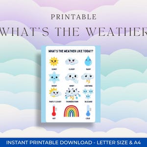 Puede incluir: Un gráfico meteorológico imprimible con el texto "WHAT'S THE WEATHER" y "WHAT'S THE WEATHER LIKE TODAY?" con ilustraciones de dibujos animados de condiciones meteorológicas soleadas, nubladas, lluviosas, nevadas, ventosas, relámpagos, parcialmente nubladas, tormentas, ventiscas, calientes y frías.