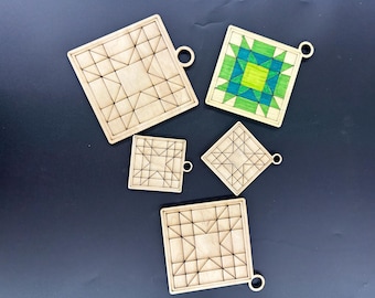 Unfinished Birch Barn Quilt Ornaments, Laser Engraved