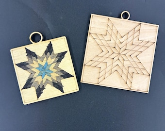 Laser Engraved Barn Quilt Ornament, Unfinished Birch Wood