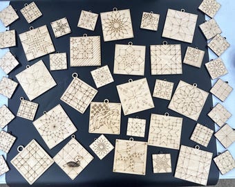 Laser Engraved Barn Quilt Ornaments, Unfinished Birch Wood