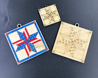 Laser Engraved Barn Quilt Ornaments, Unfinished Birch Wood