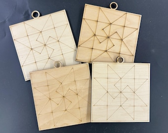 Laser Engraved Barn Quilt Birch Ornament, DIY Craft