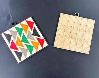 Laser Engraved Barn Quilt Ornament, Unfinished Birch Wood