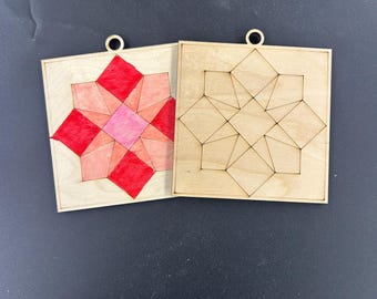 Birch Wood Barn Quilt Ornaments, Laser Engraved, DIY Craft