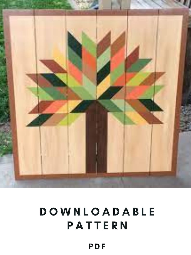 May include: A colorful quilt pattern featuring a stylized tree with a brown trunk and a multi-colored leaf canopy. The quilt is made of various shades of green, brown, orange, and yellow fabric. The pattern is available as a downloadable PDF.