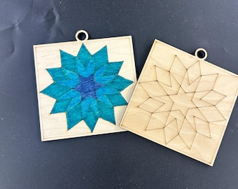 Birch Wood Barn Quilt Ornaments, Laser Engraved, DIY Craft
