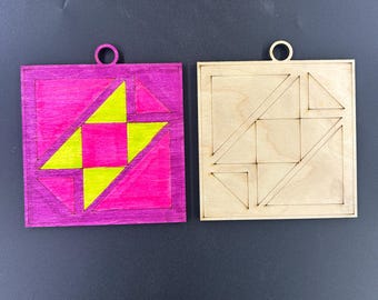 Laser Engraved Barn Quilt Ornaments, Unfinished Birch Wood