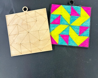 Laser Engraved Barn Quilt Ornament, Unfinished Birch Wood