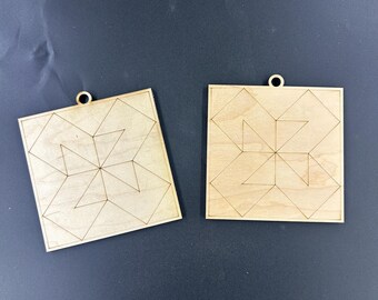Laser Engraved Barn Quilt Birch Ornaments, Unfinished Wood